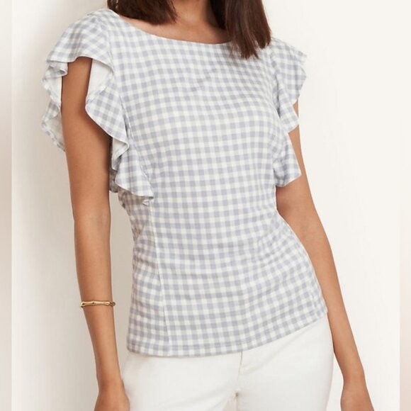 Ann Taylor Women Gingham Top Size XL Ruffle Sleeve Shell Comfy Stretch Blouse - Picture 1 of 11